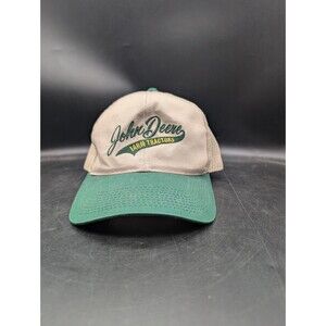 John Deere Farm Tractors Script Beige Green Mesh Snapback Hat Cap